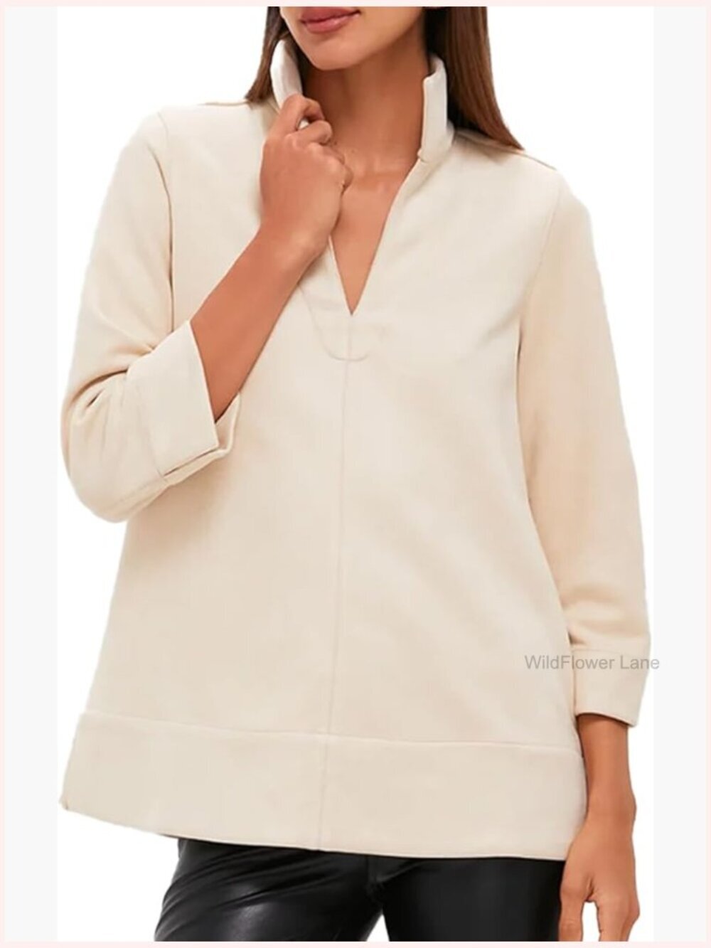 Faux Suede V Neck Tunic 3/4 Sleeve Blouse for Office Daily Wear
